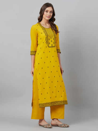 Women's Mustard Embroidered Kurta Palazzo With Dupatta
