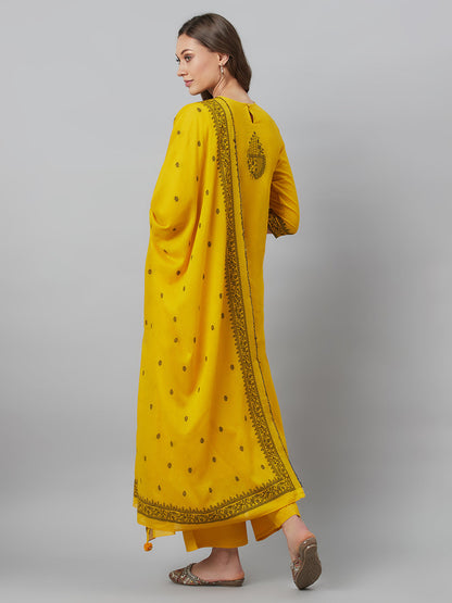 Women's Mustard Embroidered Kurta Palazzo With Dupatta