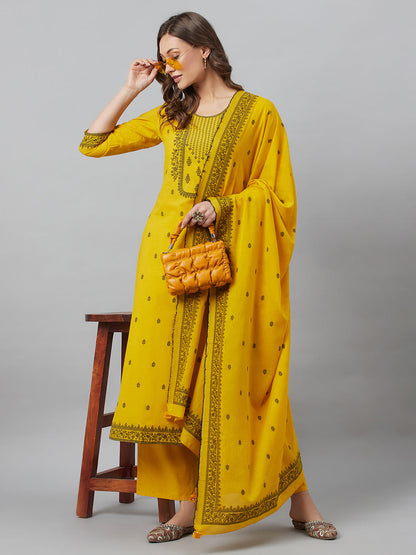 Women's Mustard Embroidered Kurta Palazzo With Dupatta