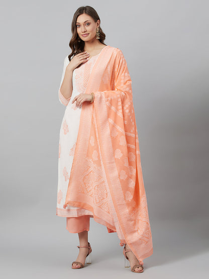 Women's Peach Embroidered Kurta Palazzo With Dupatta