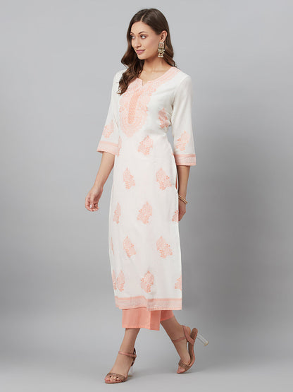 Women's Peach Embroidered Kurta Palazzo With Dupatta