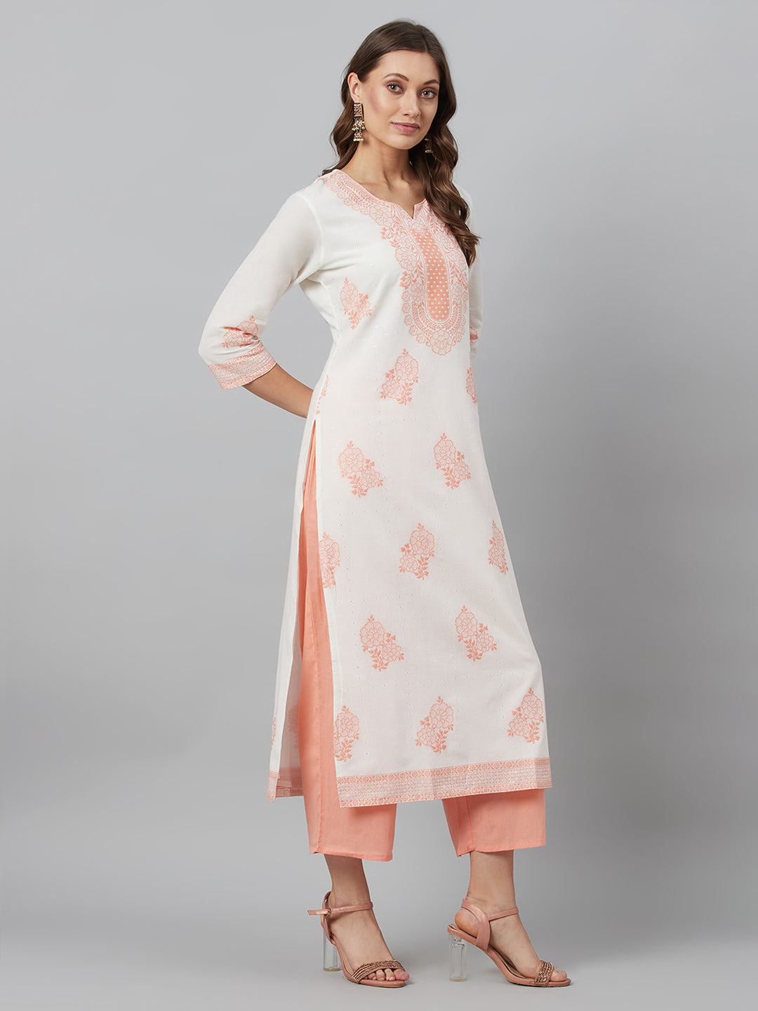 Women's Peach Embroidered Kurta Palazzo With Dupatta