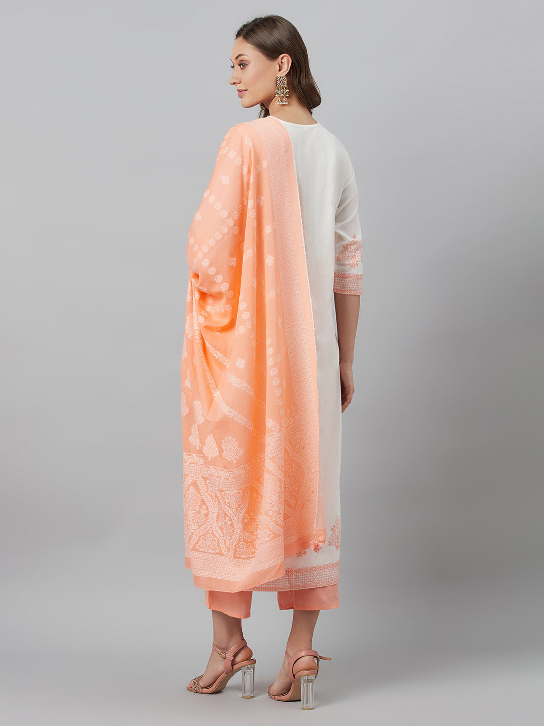Women's Peach Embroidered Kurta Palazzo With Dupatta