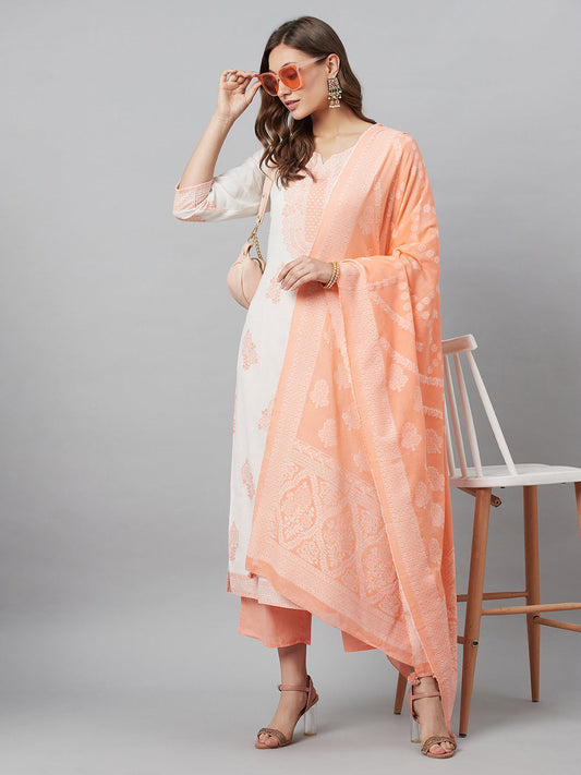 Women's Peach Embroidered Kurta Palazzo With Dupatta