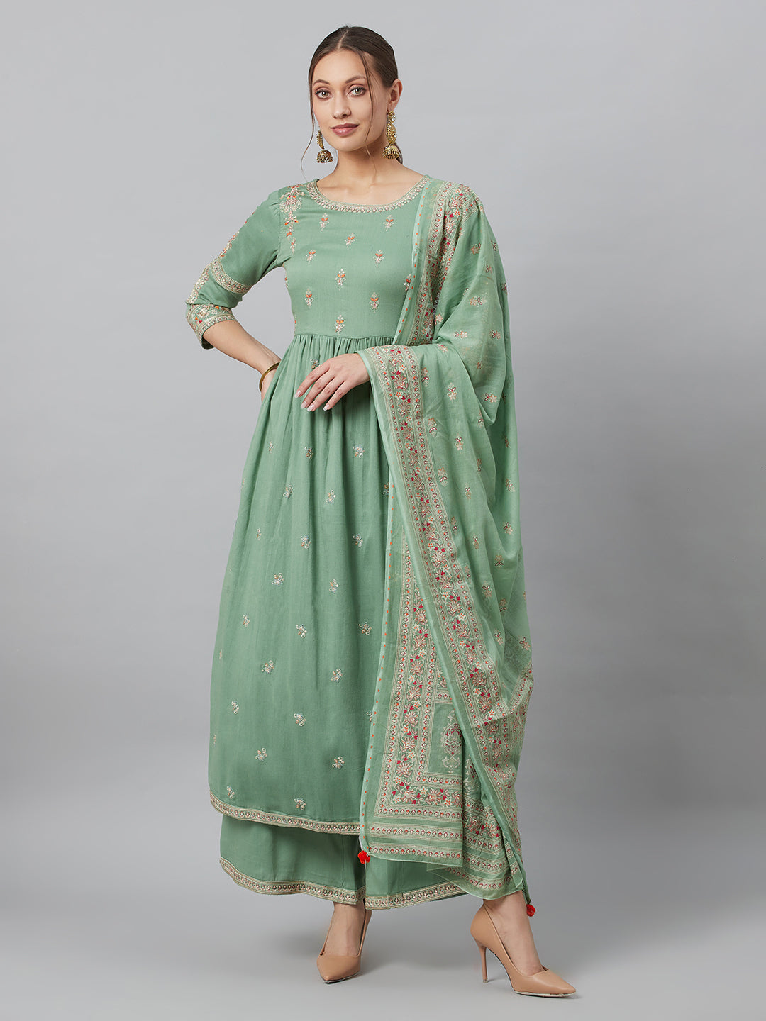 Women's Sea Green Embroidered Gathered Kurta Palazzo With Dupatta