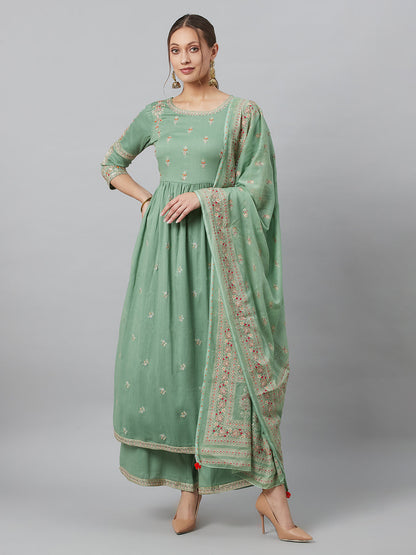 Women's Sea Green Embroidered Gathered Kurta Palazzo With Dupatta