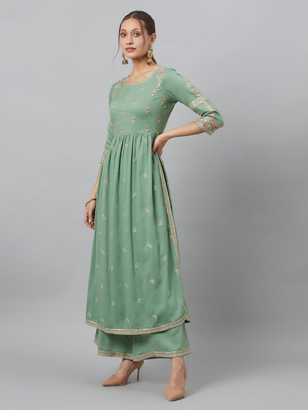Women's Sea Green Embroidered Gathered Kurta Palazzo With Dupatta