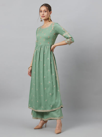 Women's Sea Green Embroidered Gathered Kurta Palazzo With Dupatta