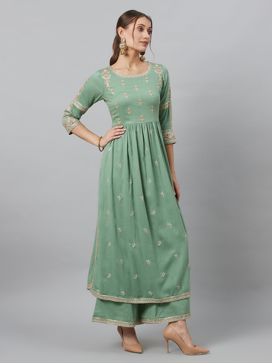 Women's Sea Green Embroidered Gathered Kurta Palazzo With Dupatta