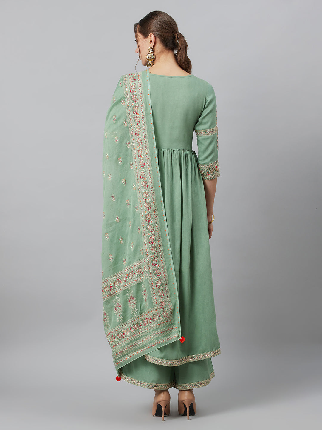 Women's Sea Green Embroidered Gathered Kurta Palazzo With Dupatta