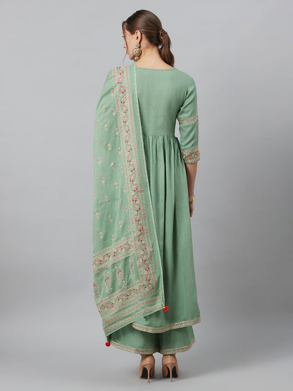 Women's Sea Green Embroidered Gathered Kurta Palazzo With Dupatta