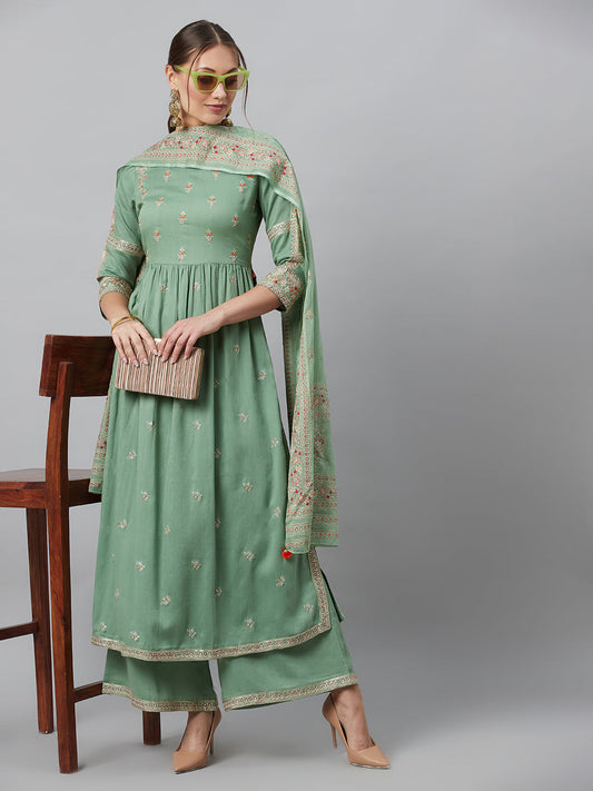Women's Sea Green Embroidered Gathered Kurta Palazzo With Dupatta