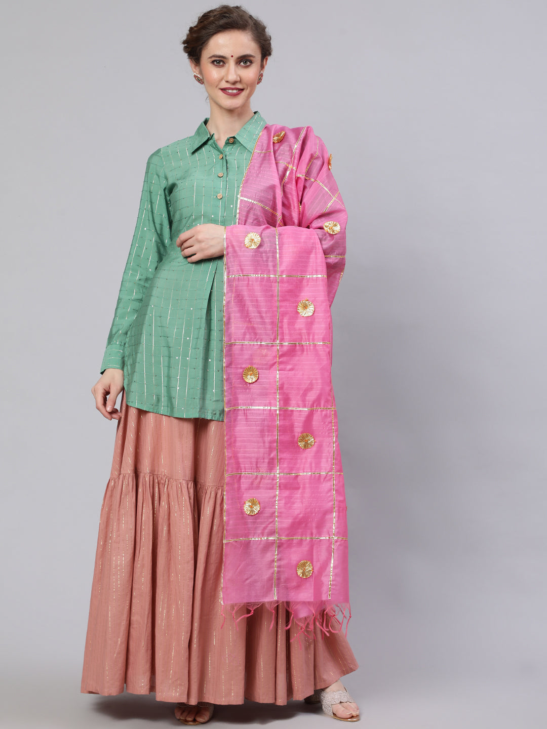 Women's Green & Pink Sequin Lehenga Choli With Dupatta