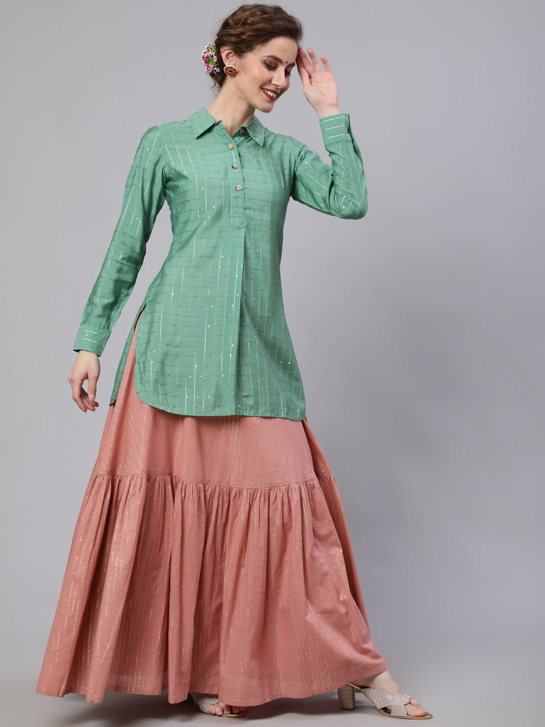 Women's Green & Pink Sequin Lehenga Choli With Dupatta
