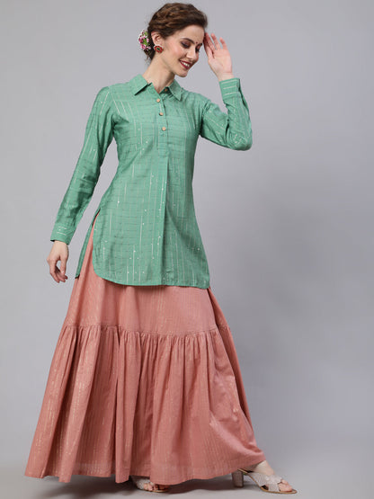 Women's Green & Pink Sequin Lehenga Choli With Dupatta