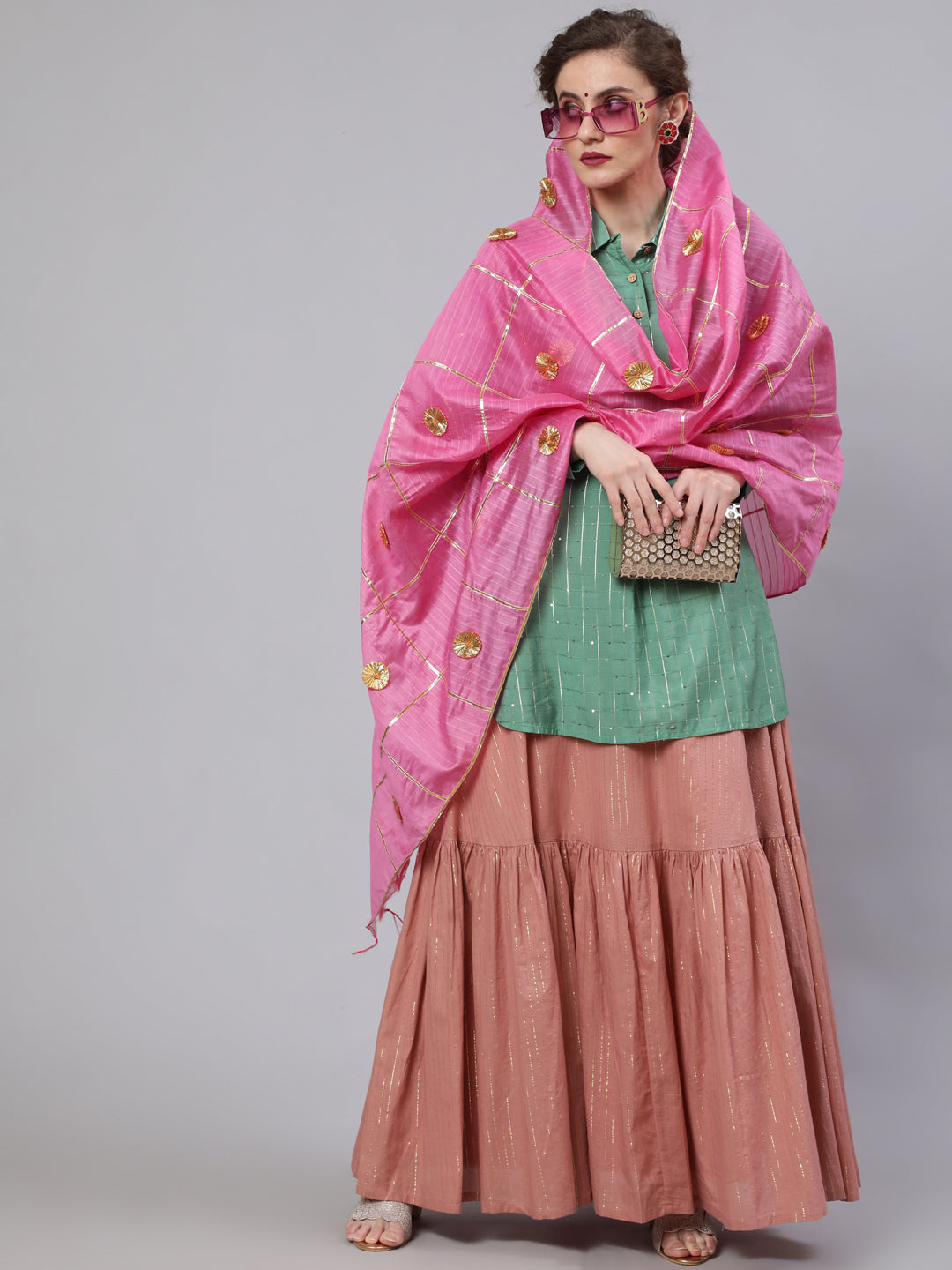 Women's Green & Pink Sequin Lehenga Choli With Dupatta