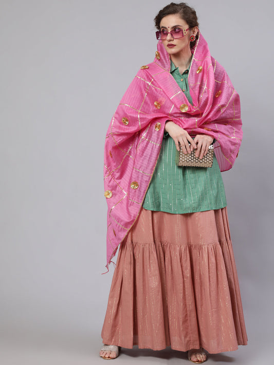 Women's Green & Pink Sequin Lehenga Choli With Dupatta