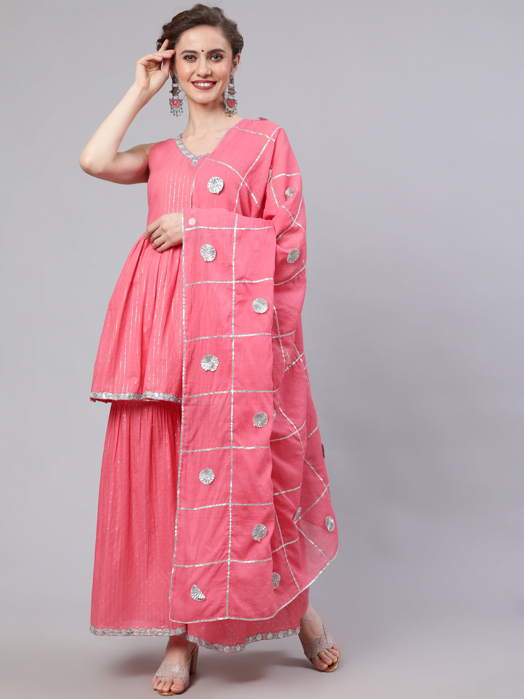 Women's Pink Sequin Kurta Sharara With Dupatta