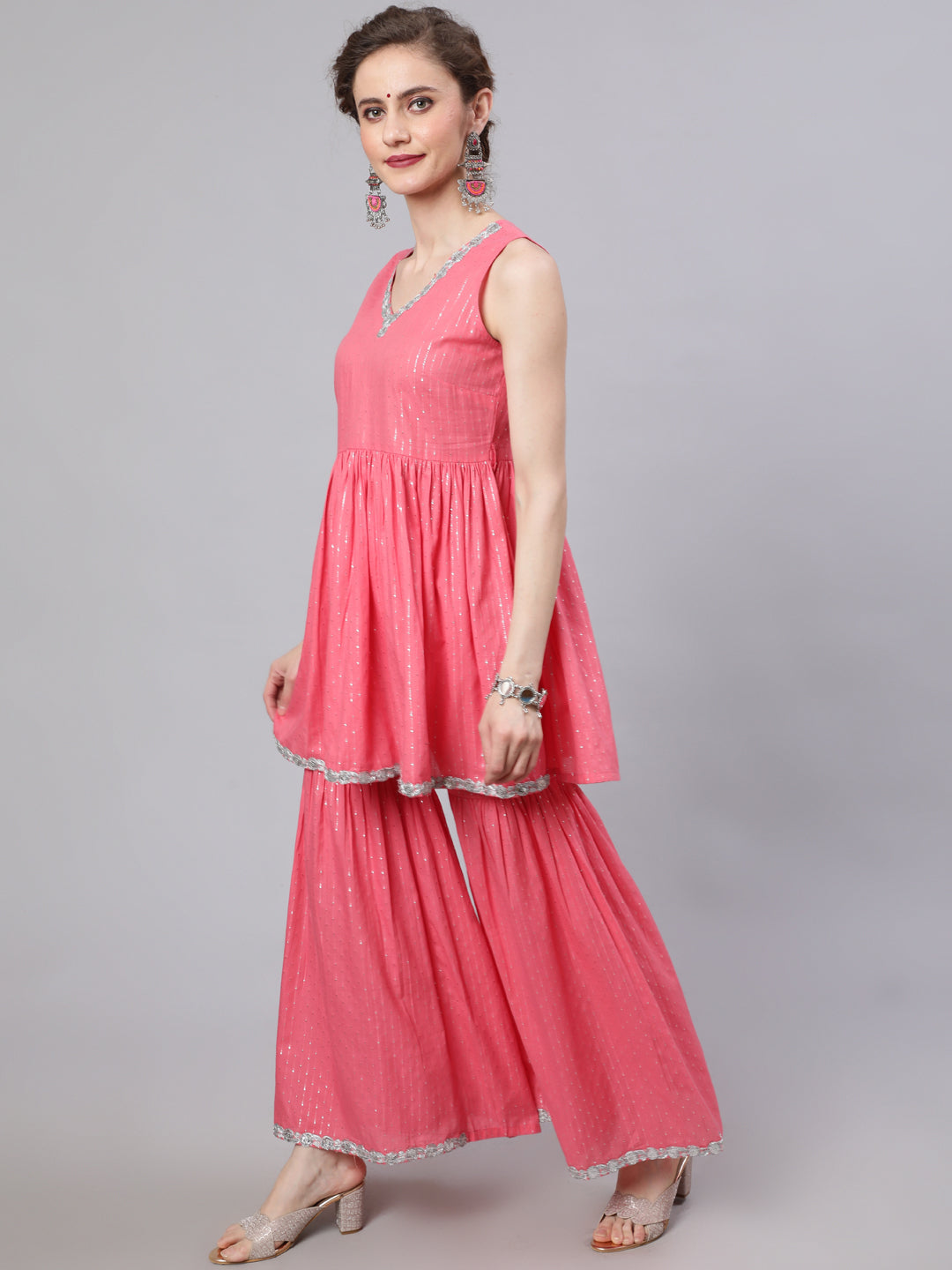 Women's Pink Sequin Kurta Sharara With Dupatta