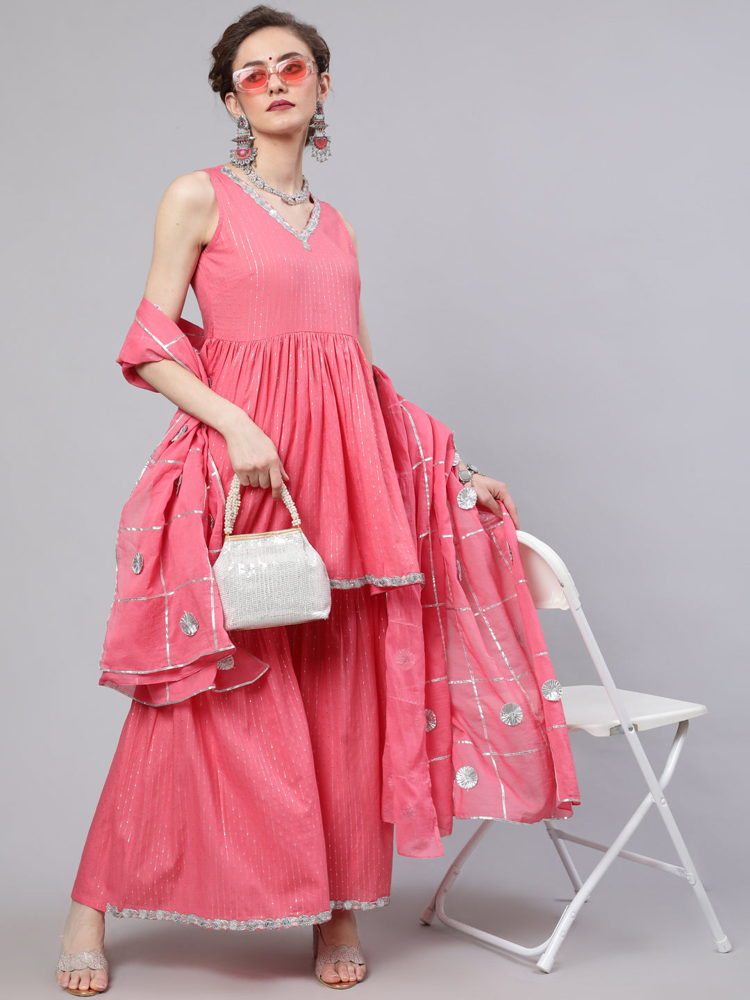 Women's Pink Sequin Kurta Sharara With Dupatta