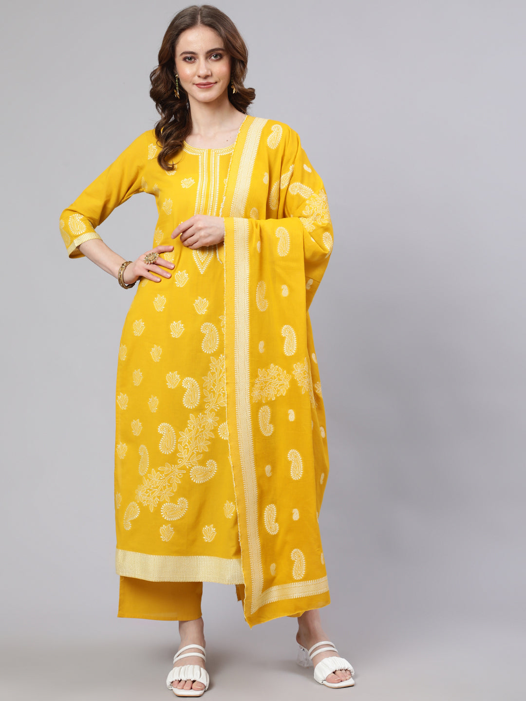 Women's Yellow Cotton Jacquard Kurta Set With Dupatta