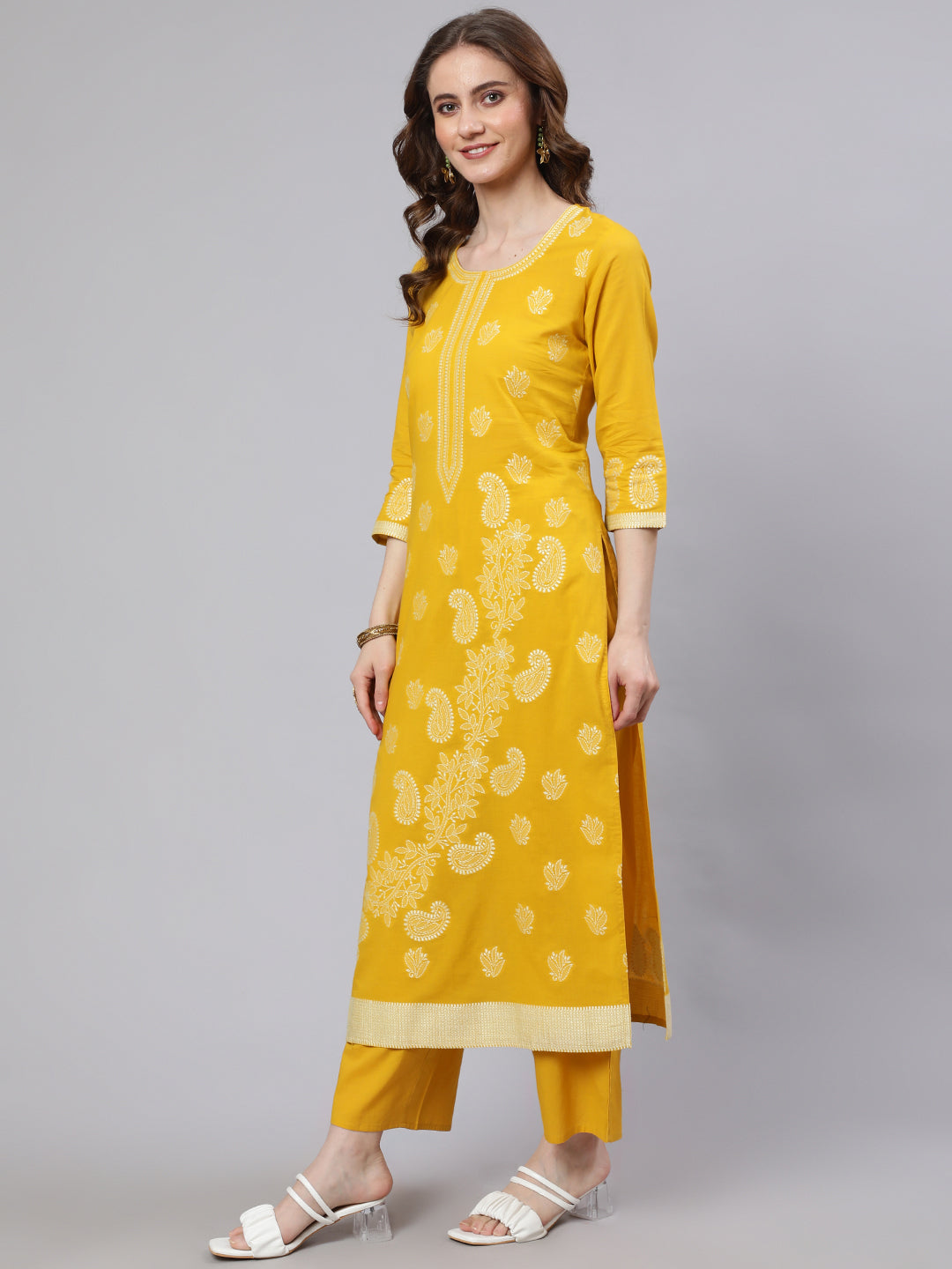 Women's Yellow Cotton Jacquard Kurta Set With Dupatta