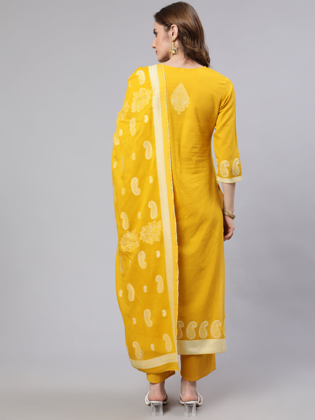 Women's Yellow Cotton Jacquard Kurta Set With Dupatta