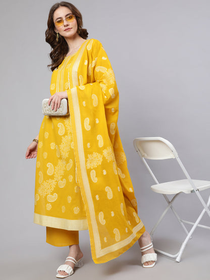 Women's Yellow Cotton Jacquard Kurta Set With Dupatta