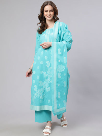 Women's Turquoise Blue Cotton Jacquard Kurta Set With Dupatta