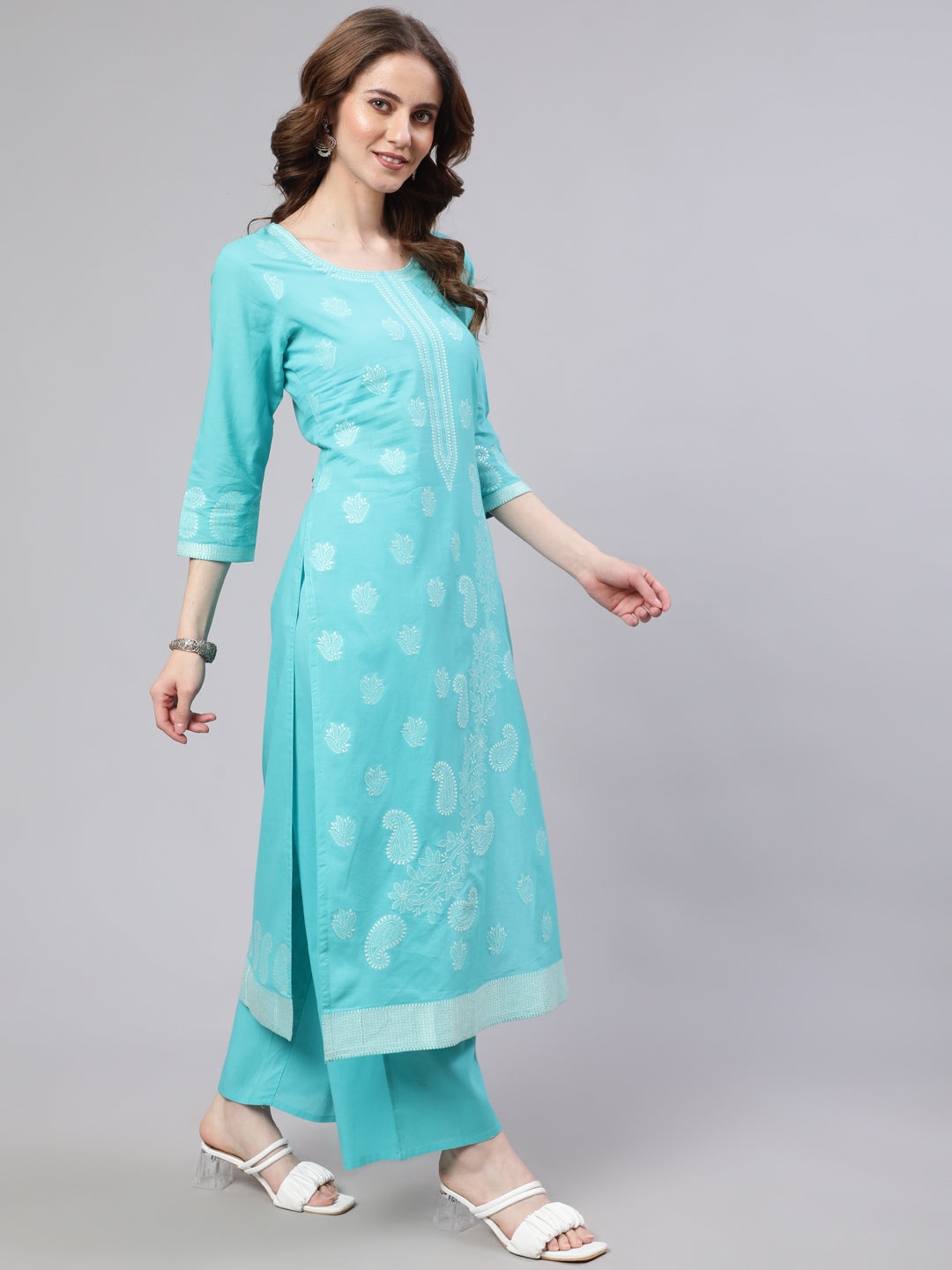 Women's Turquoise Blue Cotton Jacquard Kurta Set With Dupatta
