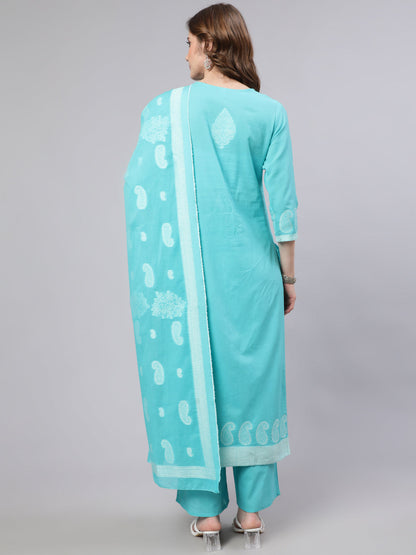 Women's Turquoise Blue Cotton Jacquard Kurta Set With Dupatta