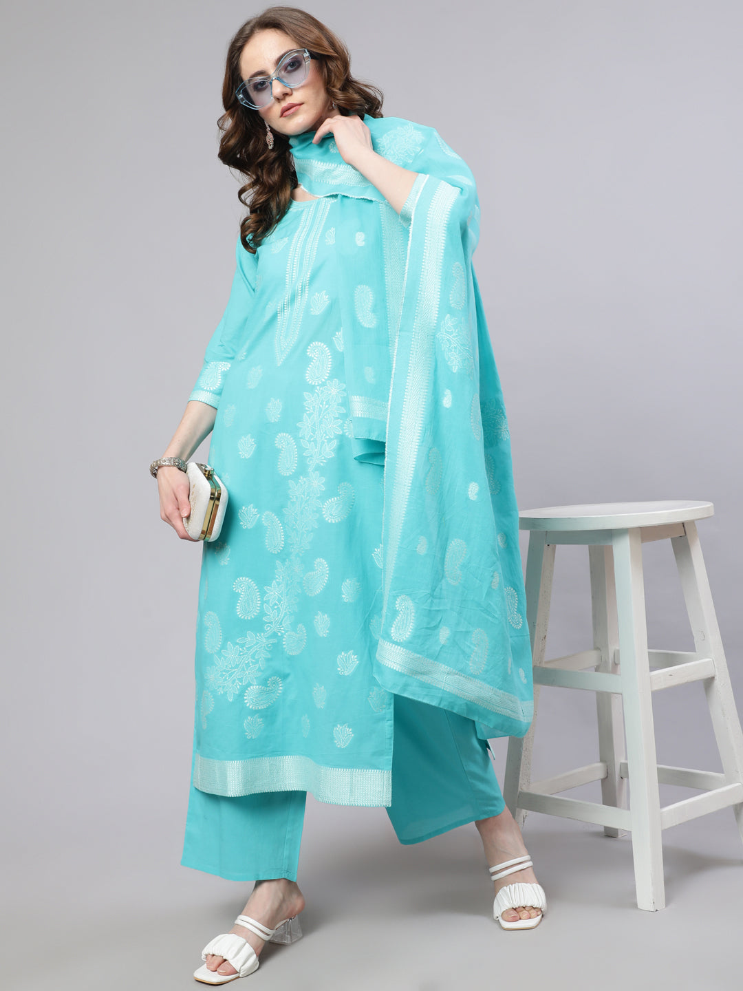 Women's Turquoise Blue Cotton Jacquard Kurta Set With Dupatta