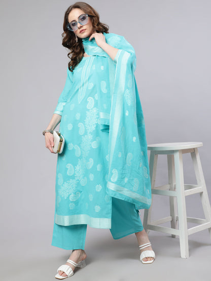 Women's Turquoise Blue Cotton Jacquard Kurta Set With Dupatta