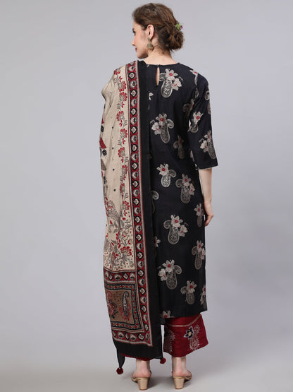 Women's Black Ethinc Motifs Kurta Set With Dupatta