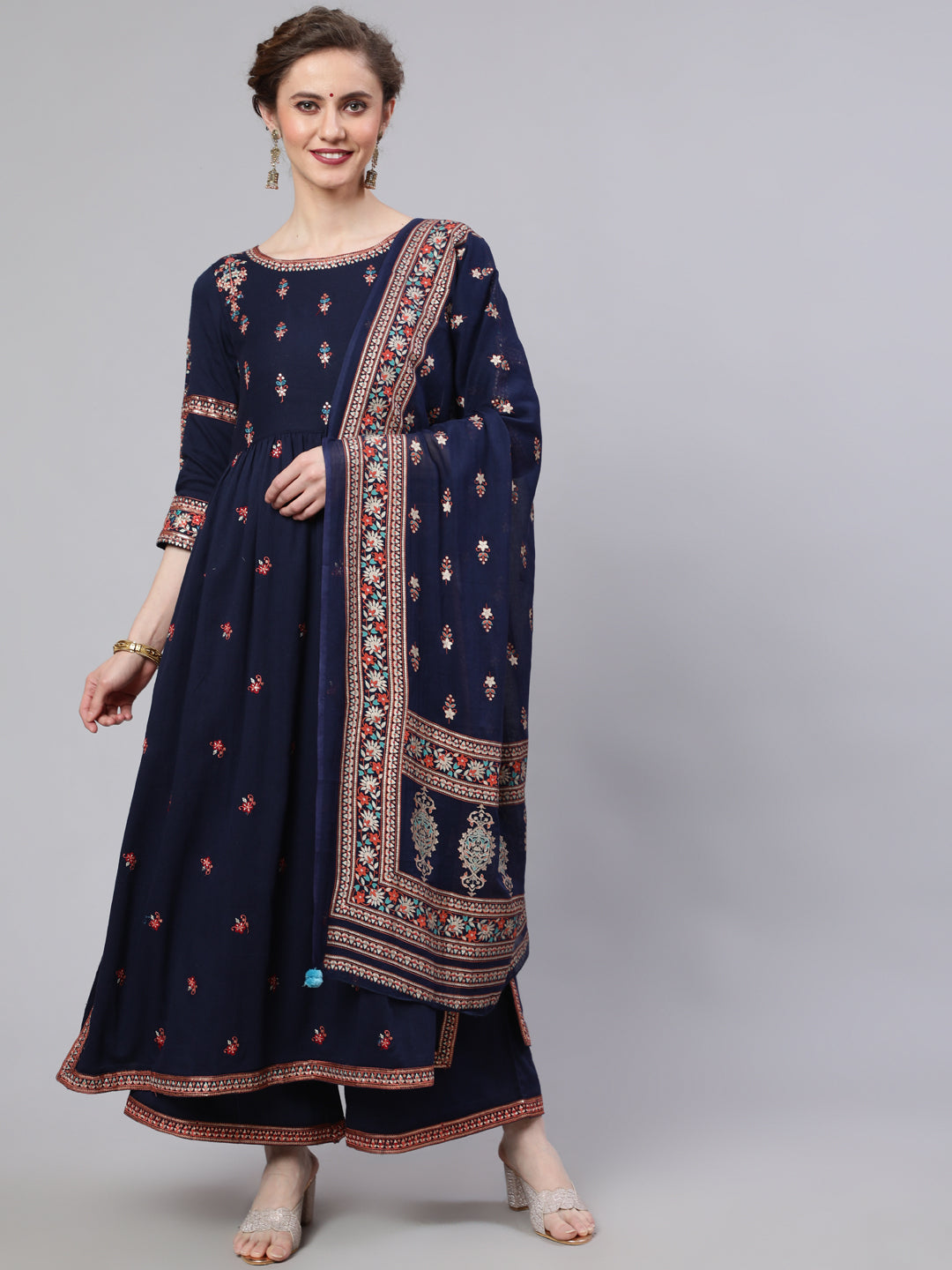 Women's Navy Blue Embroidered Gathered Kurta Palazzo With Dupatta