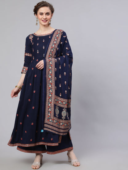 Women's Navy Blue Embroidered Gathered Kurta Palazzo With Dupatta