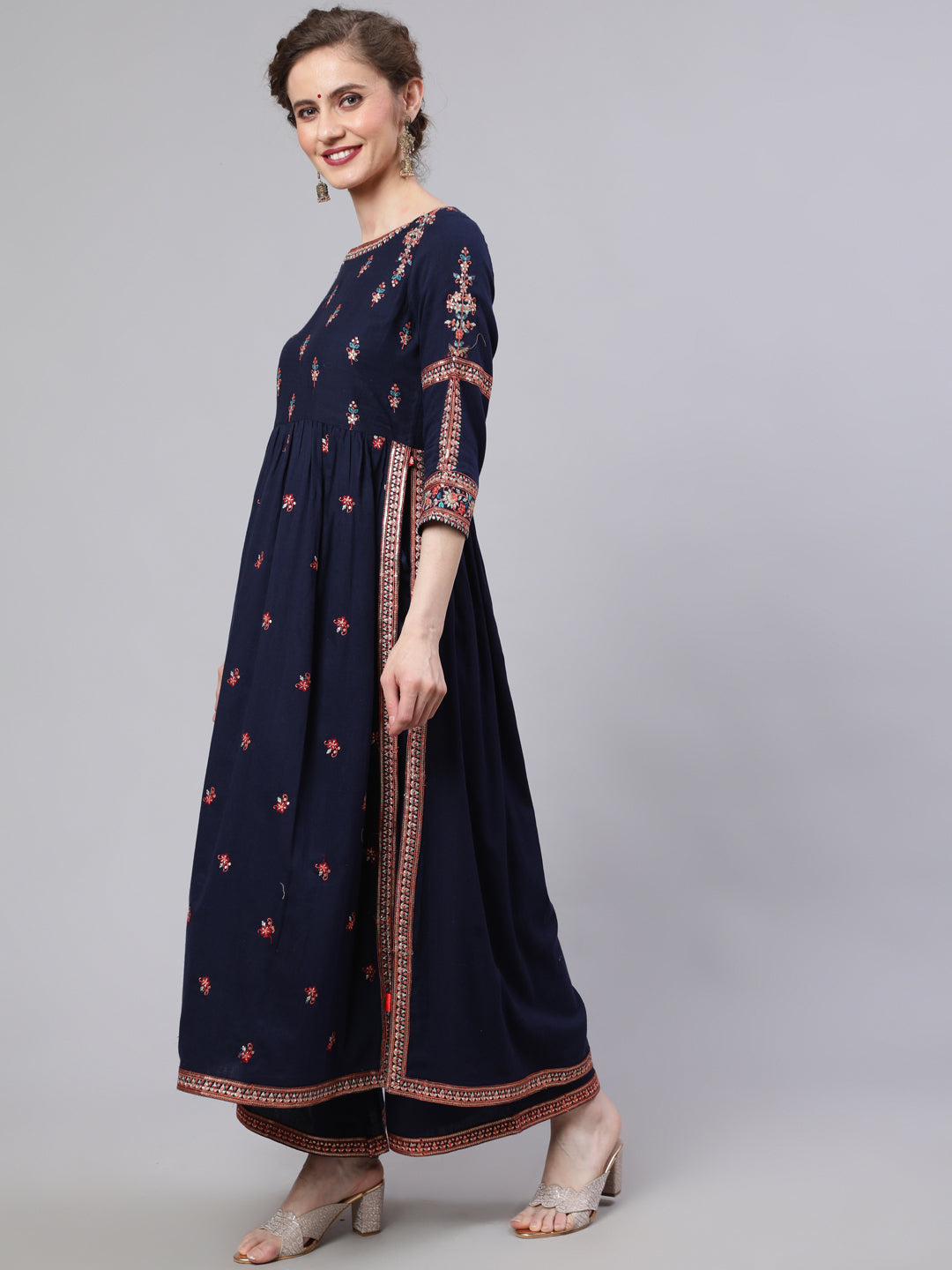 Women's Navy Blue Embroidered Gathered Kurta Palazzo With Dupatta