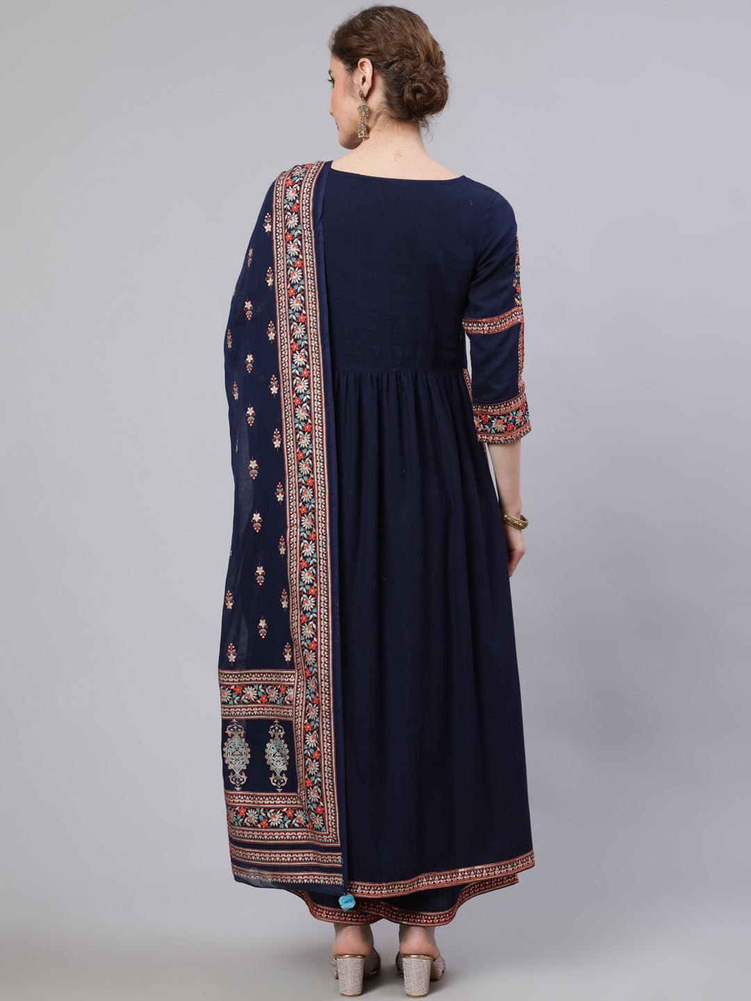 Women's Navy Blue Embroidered Gathered Kurta Palazzo With Dupatta