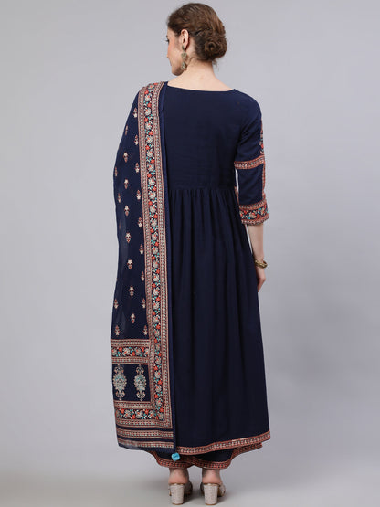 Women's Navy Blue Embroidered Gathered Kurta Palazzo With Dupatta