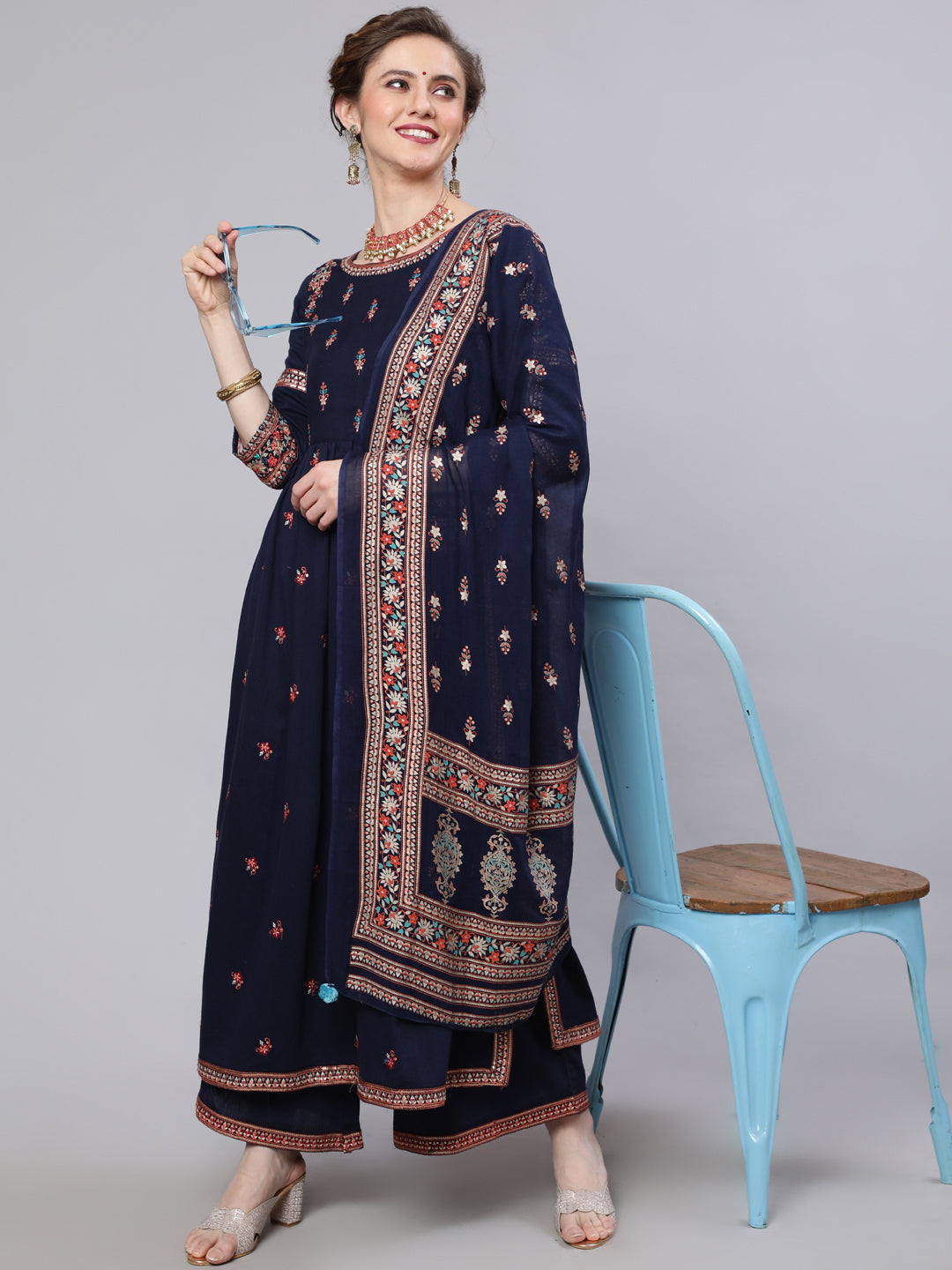 Women's Navy Blue Embroidered Gathered Kurta Palazzo With Dupatta