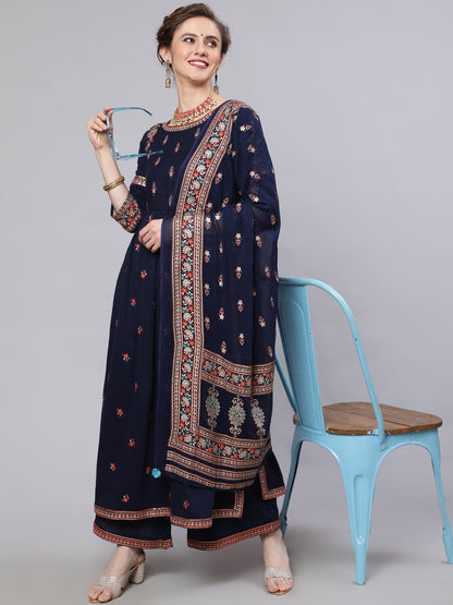 Women's Navy Blue Embroidered Gathered Kurta Palazzo With Dupatta