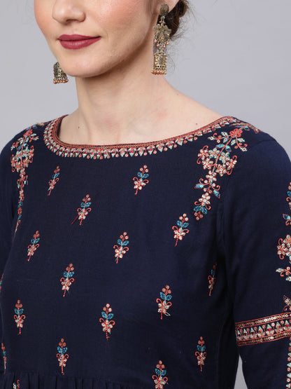 Women's Navy Blue Embroidered Gathered Kurta Palazzo With Dupatta