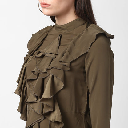 Women's Olive Front Ruffle Bell Sleeve Dress