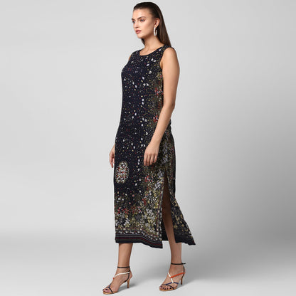 Women's Black Rayon Printed Maxi Dress