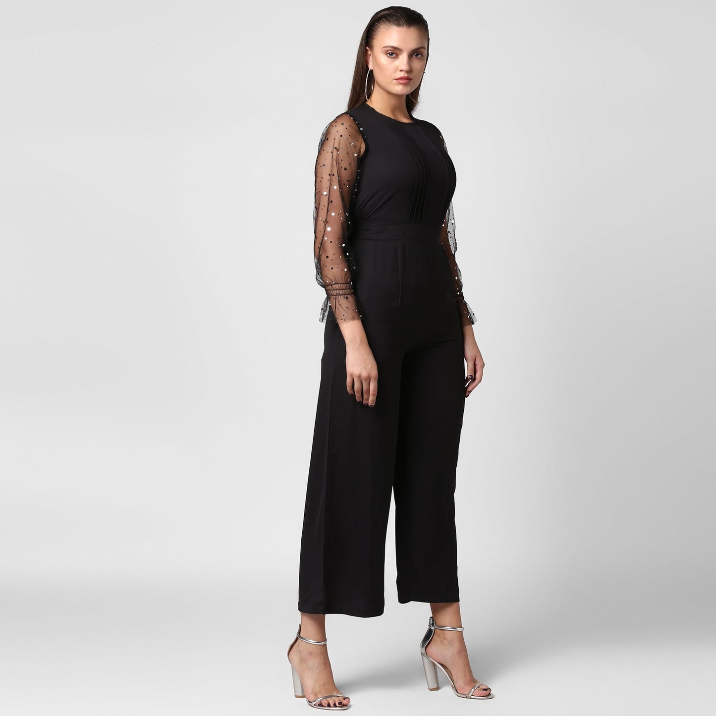 Women's Polyester embellished Net Sleeves jumpsuit
