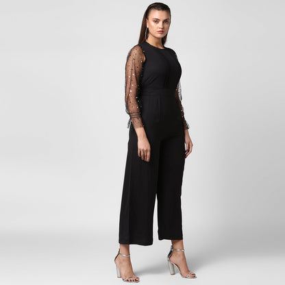 Women's Polyester embellished Net Sleeves jumpsuit