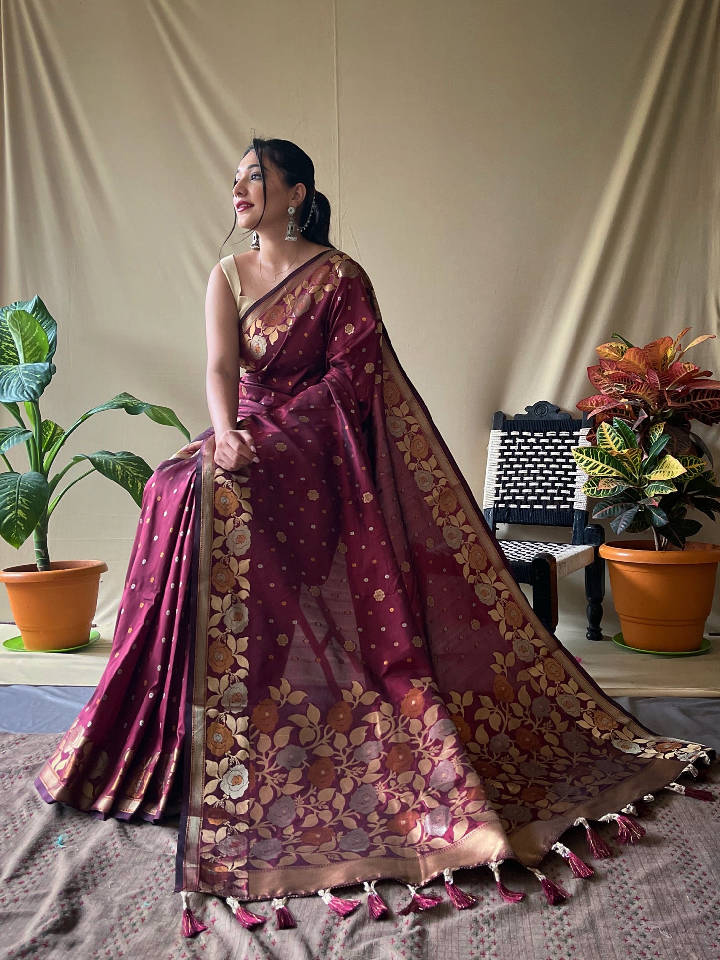 Women's Banarasi Silk Saree with Floral Woven Border and Pallu Brown
