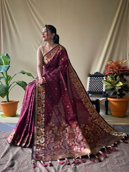 Women's Banarasi Silk Saree with Floral Woven Border and Pallu Brown