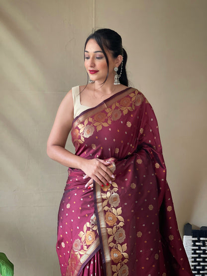 Women's Banarasi Silk Saree with Floral Woven Border and Pallu Brown