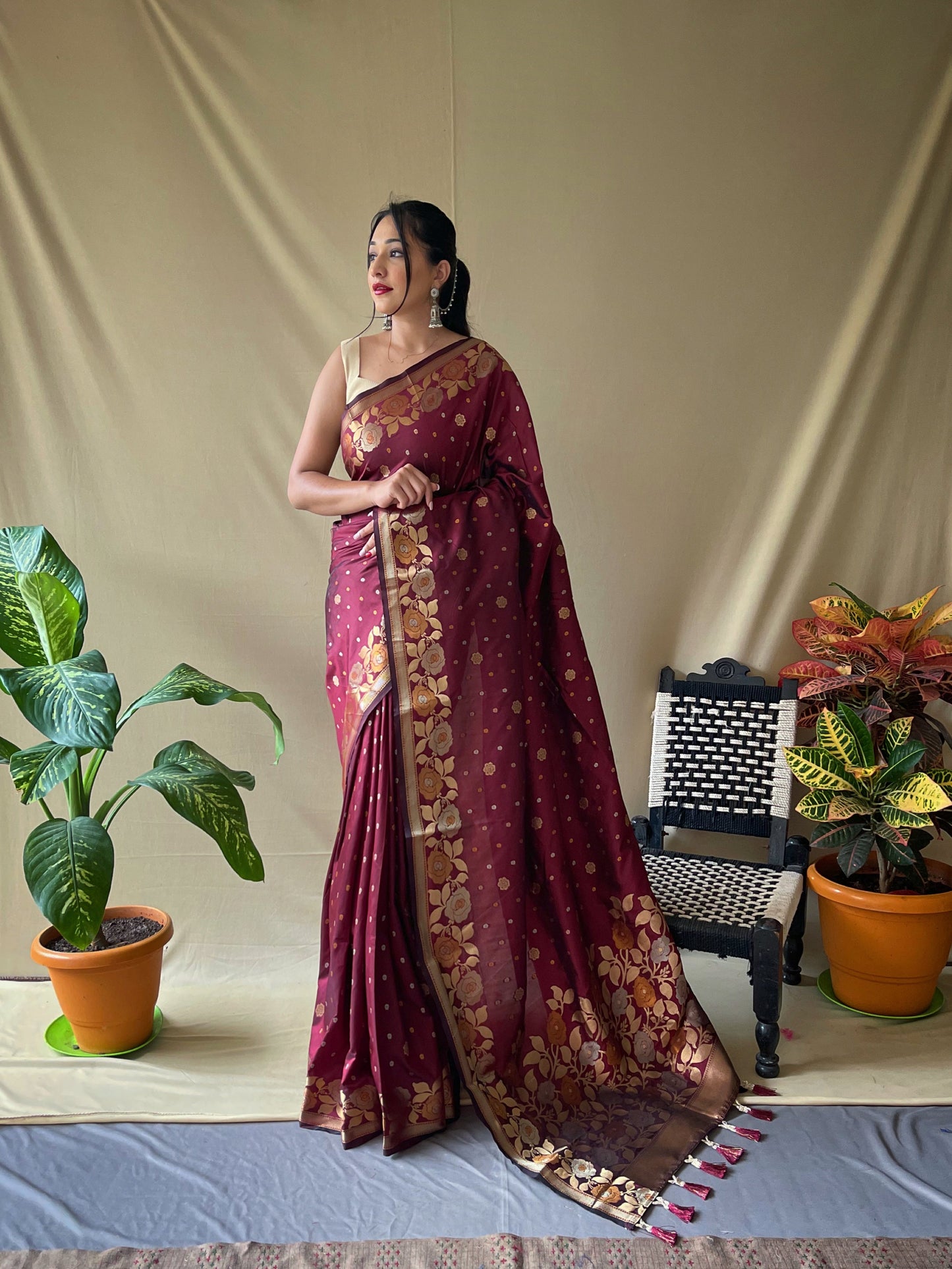 Women's Banarasi Silk Saree with Floral Woven Border and Pallu Brown